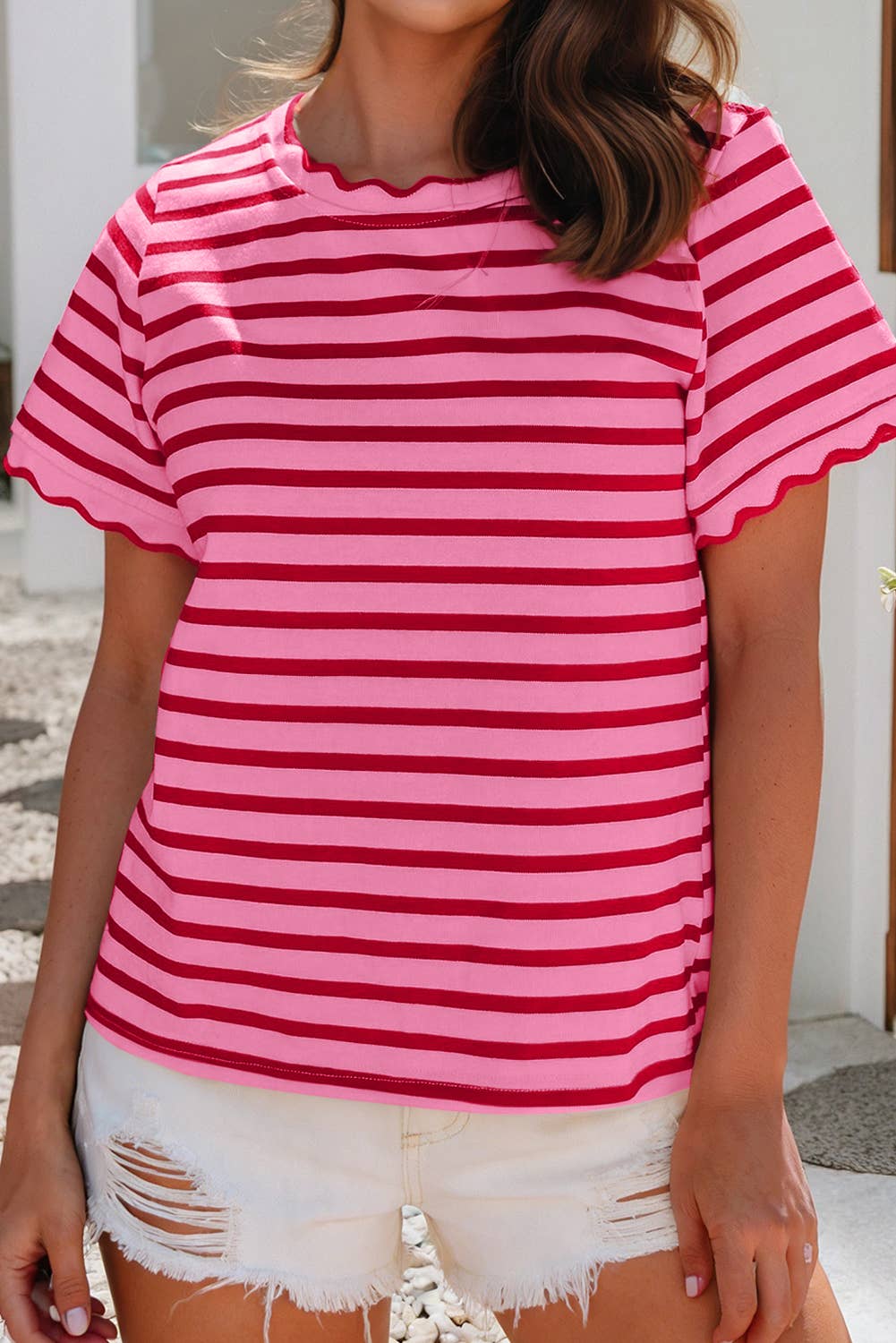 LDC Spring Scalloped Trim Round Neck Stripe T Shirt| S-4X: Black Stripe / S