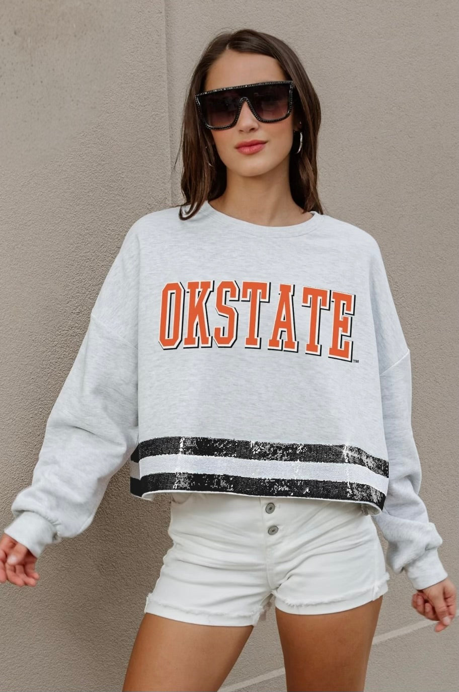 OKLAHOMA STATE COWBOYS Pass The Shine Sequin Trim Mid-Crop Sweatshirt