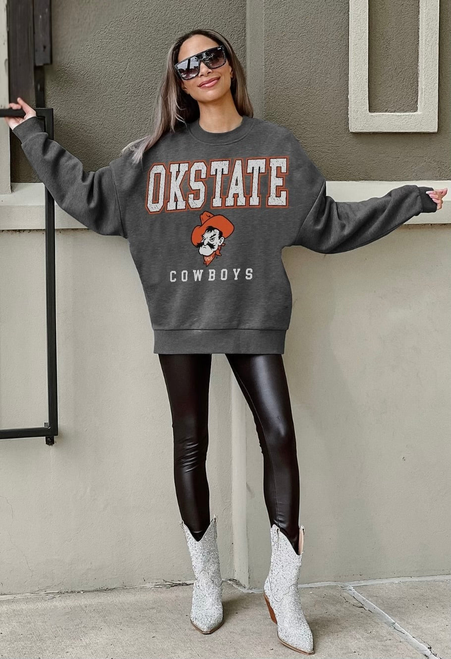 OKLAHOMA STATE COWBOYS EASY STREET PREMIUM FLEECE DROP SHOULDER CREWNECK PULLOVER