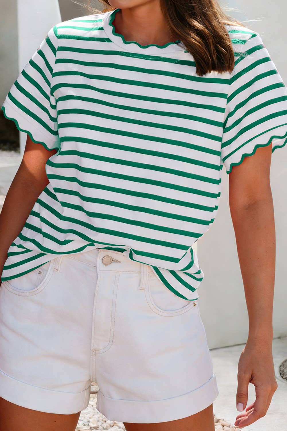 LDC Spring Scalloped Trim Round Neck Stripe T Shirt| S-4X: Black Stripe / M