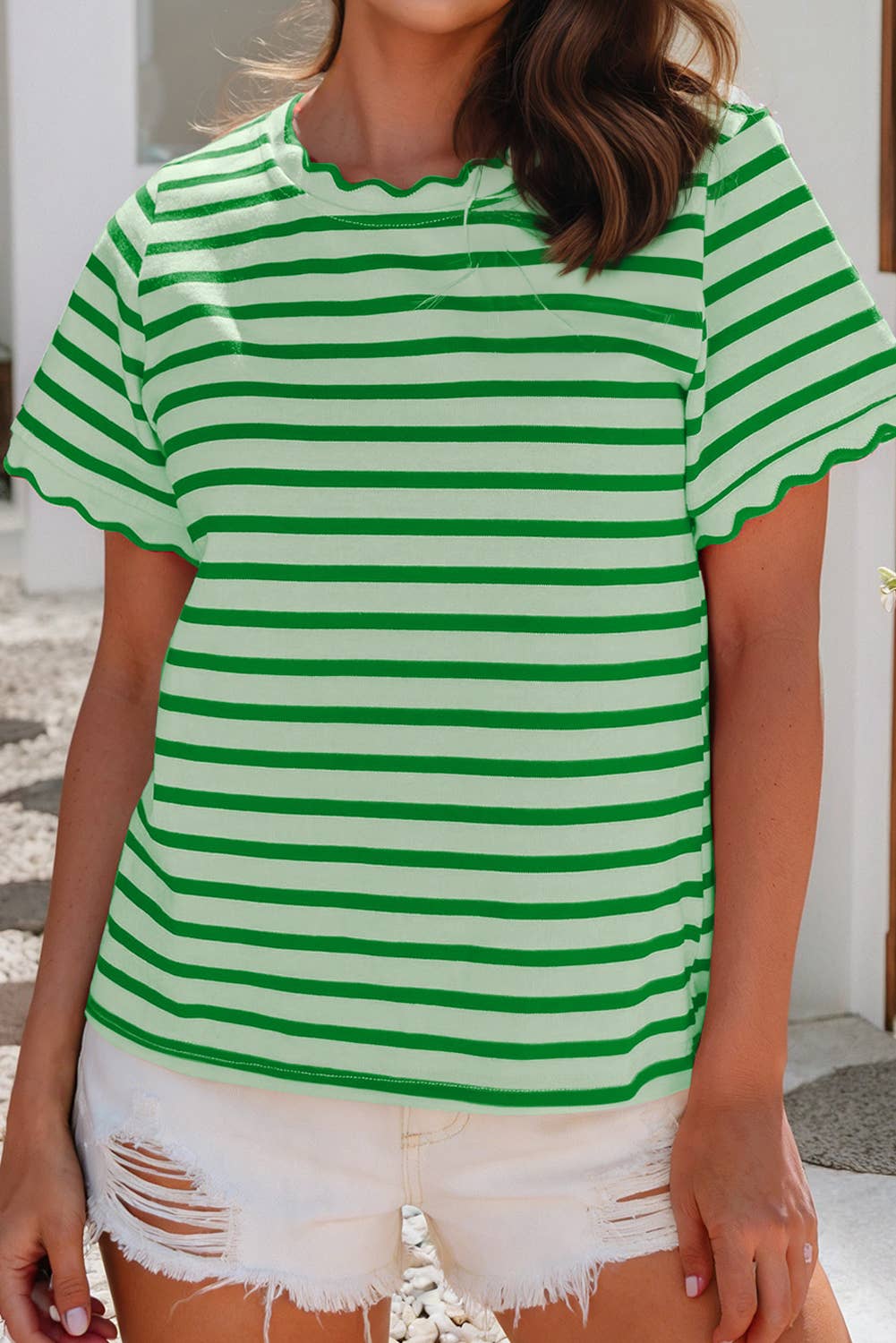 LDC Spring Scalloped Trim Round Neck Stripe T Shirt| S-4X: Black Stripe / S