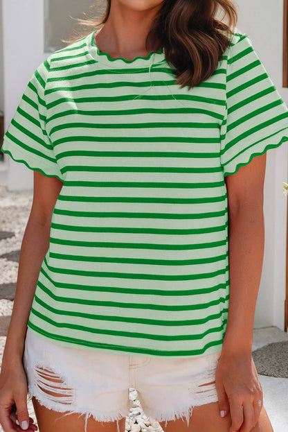 LDC Spring Scalloped Trim Round Neck Stripe T Shirt| S-4X: Black Stripe / S