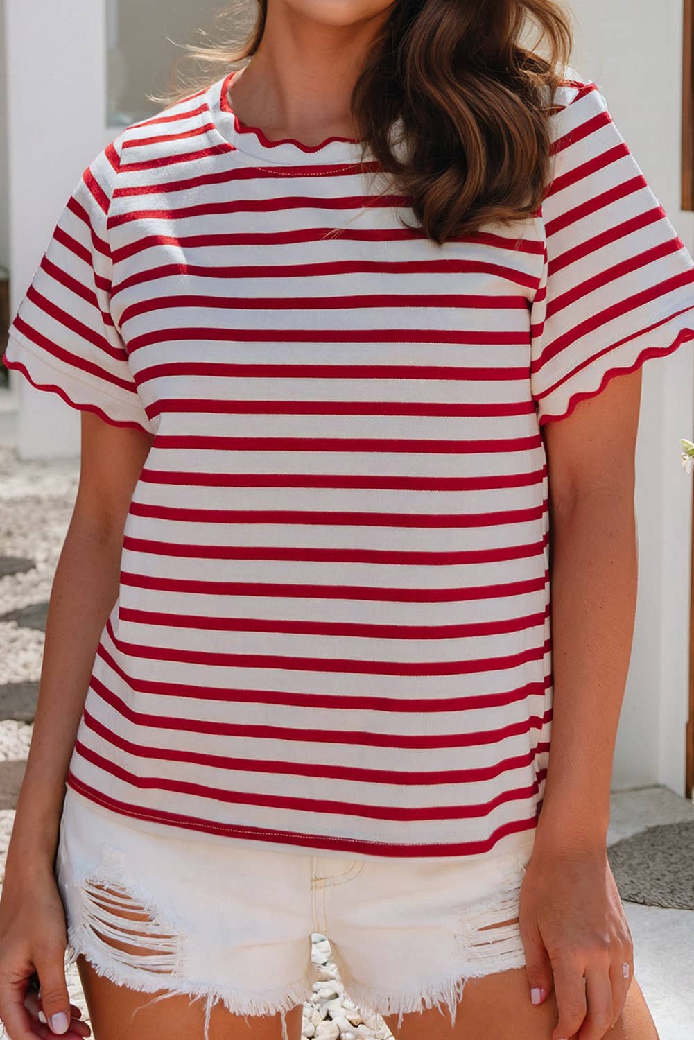 LDC Spring Scalloped Trim Round Neck Stripe T Shirt| S-4X: Black Stripe / S