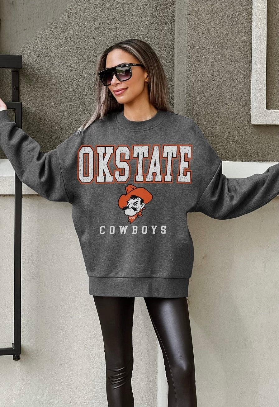OKLAHOMA STATE COWBOYS EASY STREET PREMIUM FLEECE DROP SHOULDER CREWNECK PULLOVER