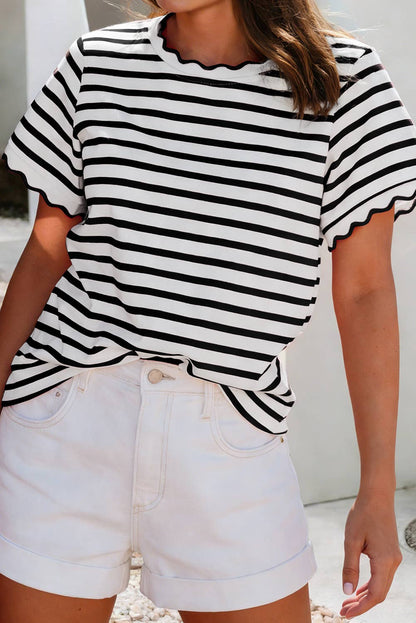 LDC Spring Scalloped Trim Round Neck Stripe T Shirt| S-4X: Black Stripe / S
