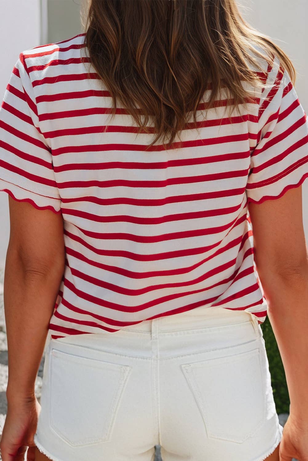 LDC Spring Scalloped Trim Round Neck Stripe T Shirt| S-4X: Black Stripe / M