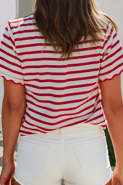 LDC Spring Scalloped Trim Round Neck Stripe T Shirt| S-4X: Black Stripe / S