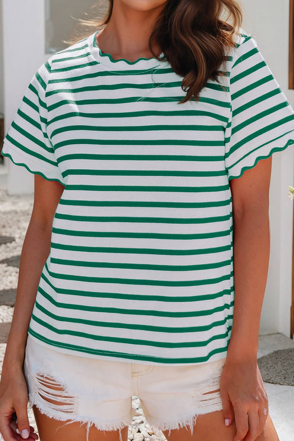 LDC Spring Scalloped Trim Round Neck Stripe T Shirt| S-4X: Black Stripe / S