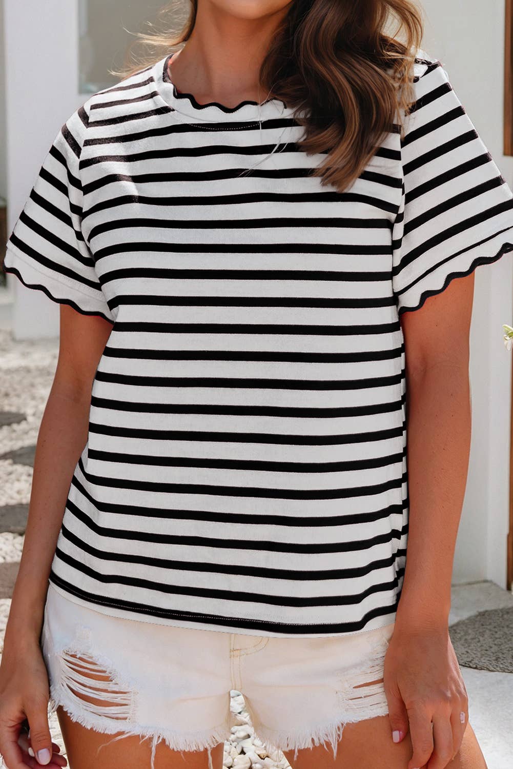 LDC Spring Scalloped Trim Round Neck Stripe T Shirt| S-4X: Black Stripe / M