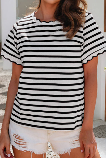 LDC Spring Scalloped Trim Round Neck Stripe T Shirt| S-4X: Black Stripe / M