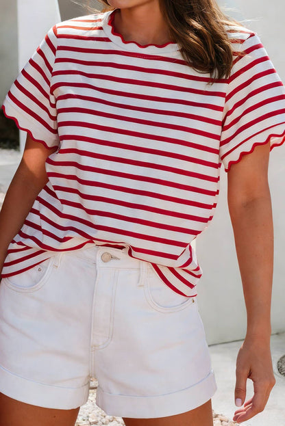 LDC Spring Scalloped Trim Round Neck Stripe T Shirt| S-4X: Black Stripe / S