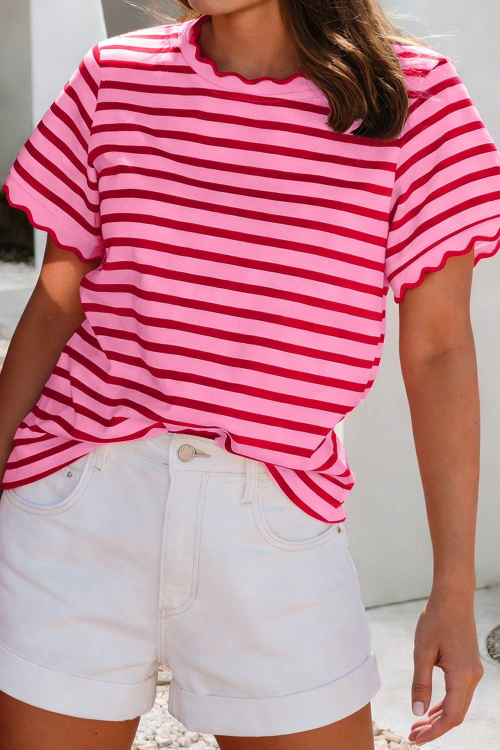 LDC Spring Scalloped Trim Round Neck Stripe T Shirt| S-4X: Black Stripe / M
