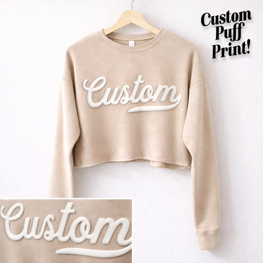 PUFF PRINT Custom Cropped Sweatshirt – Embossed 3D Lettering: Red / White / L